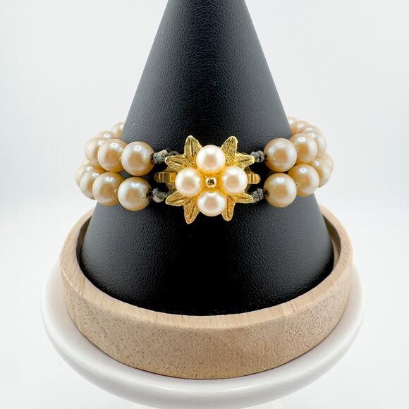 Vintage Double Strand Faux Pearl Bracelet Gold-Tone Starburst Clasp Timeless - Picture 1 of 8